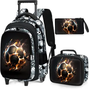 Soccer Rolling Backpack for Boys - 3PCS Boys Rolling Backpack with Lunch Box Set for Kids Children Teens Elementary Middle School,Sport Roller Bookbag with Wheels for Age 6-18