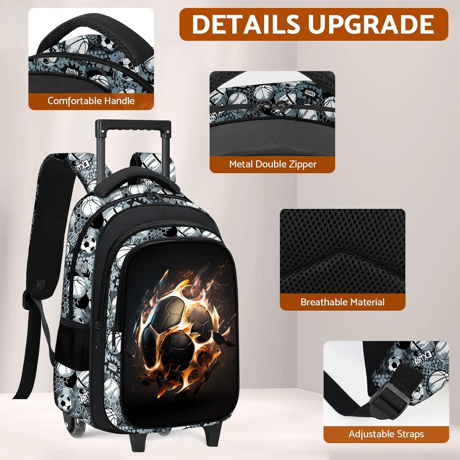 Soccer Rolling Backpack for Boys - 3PCS Boys Rolling Backpack with Lunch Box Set for Kids Children Teens Elementary Middle School,Sport Roller Bookbag with Wheels for Age 6-18