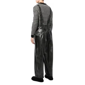 Solid Black Leather Dungaree for Men – Multi-Pocket Utility Overalls
