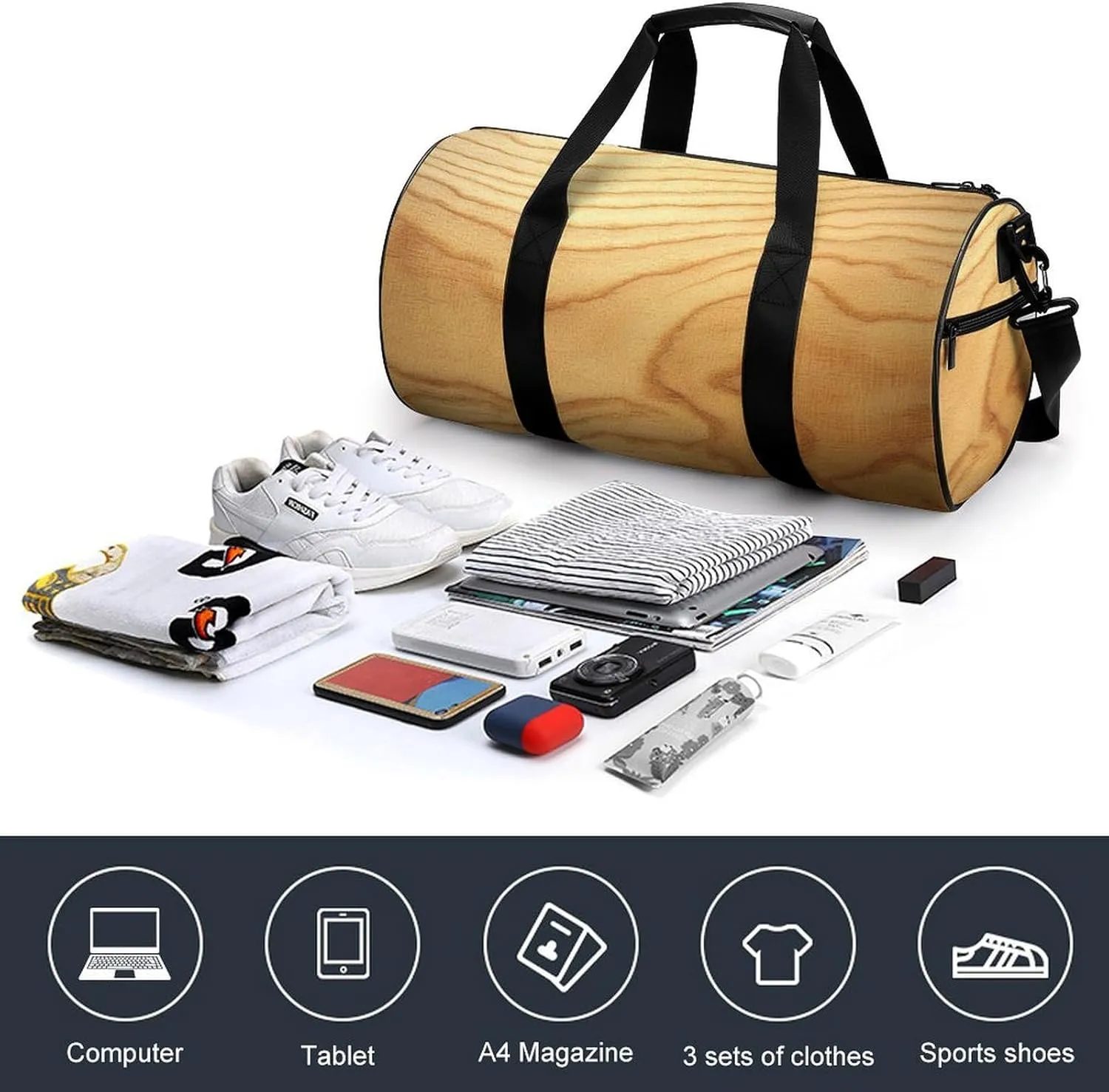 Solid Oak Flooring Wood Texture Travel Gym Bag for Women Men Cylindrical Duffle Bag Sport Workout Bag with Shoulder Strap