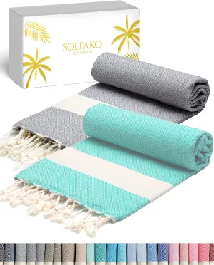 SOLTAKO XXL 2X Turkish Beach Towels - Quick Dry - Sand Free - Oversized Fouta Peshtemal - 100% Cotton - Hand Woven Bath Towel - Light Blanket Camping Sauna Yoga - Gift Set 78"x40"