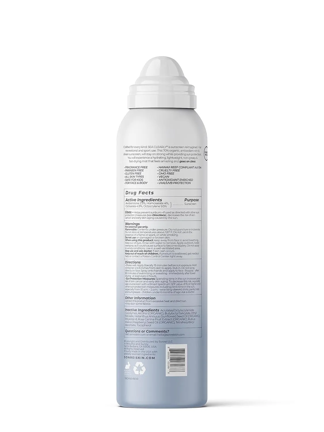 Sonrei Sea Clearly® Organic Mist Sunscreen | SPF 50, Broad Spectrum, Water-Resistant | Vegan, Non-Greasy | Ideal for Face & Body | 6 Fl Oz (Pack of 1)