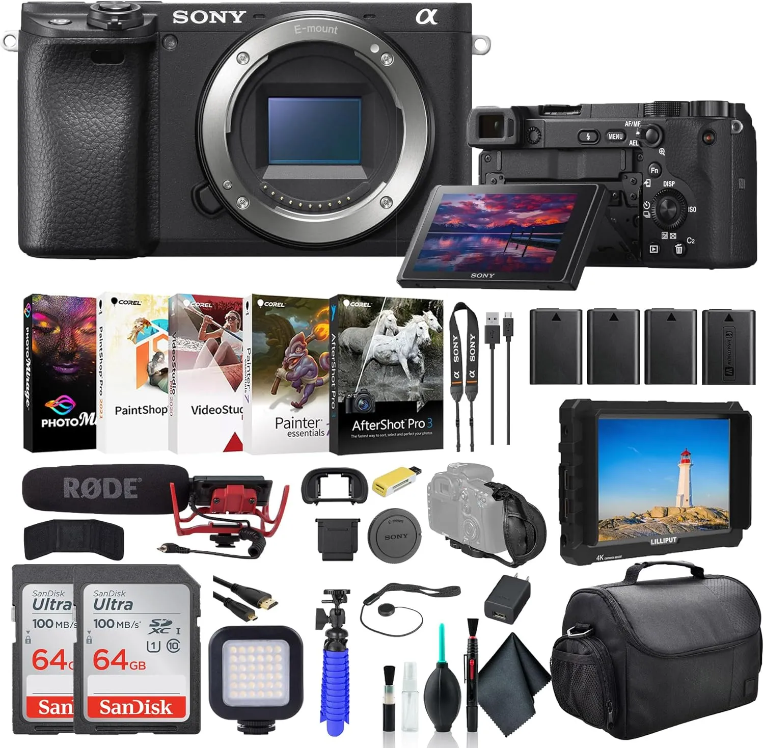 Sony a6400 Mirrorless Camera ILCE-6400/B, 4K Monitor, Rode VideoMic, 2 x 64GB Card, 3 x NPF-W50 Battery, Card Reader, LED Light, Corel Photo Software, HDMI Cable, Case, and More