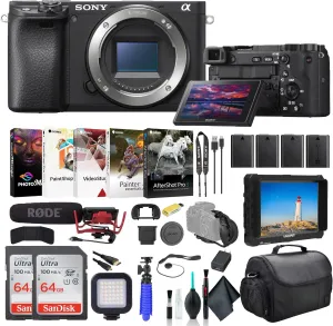 Sony a6400 Mirrorless Camera ILCE-6400/B, 4K Monitor, Rode VideoMic, 2 x 64GB Card, 3 x NPF-W50 Battery, Card Reader, LED Light, Corel Photo Software, HDMI Cable, Case, and More