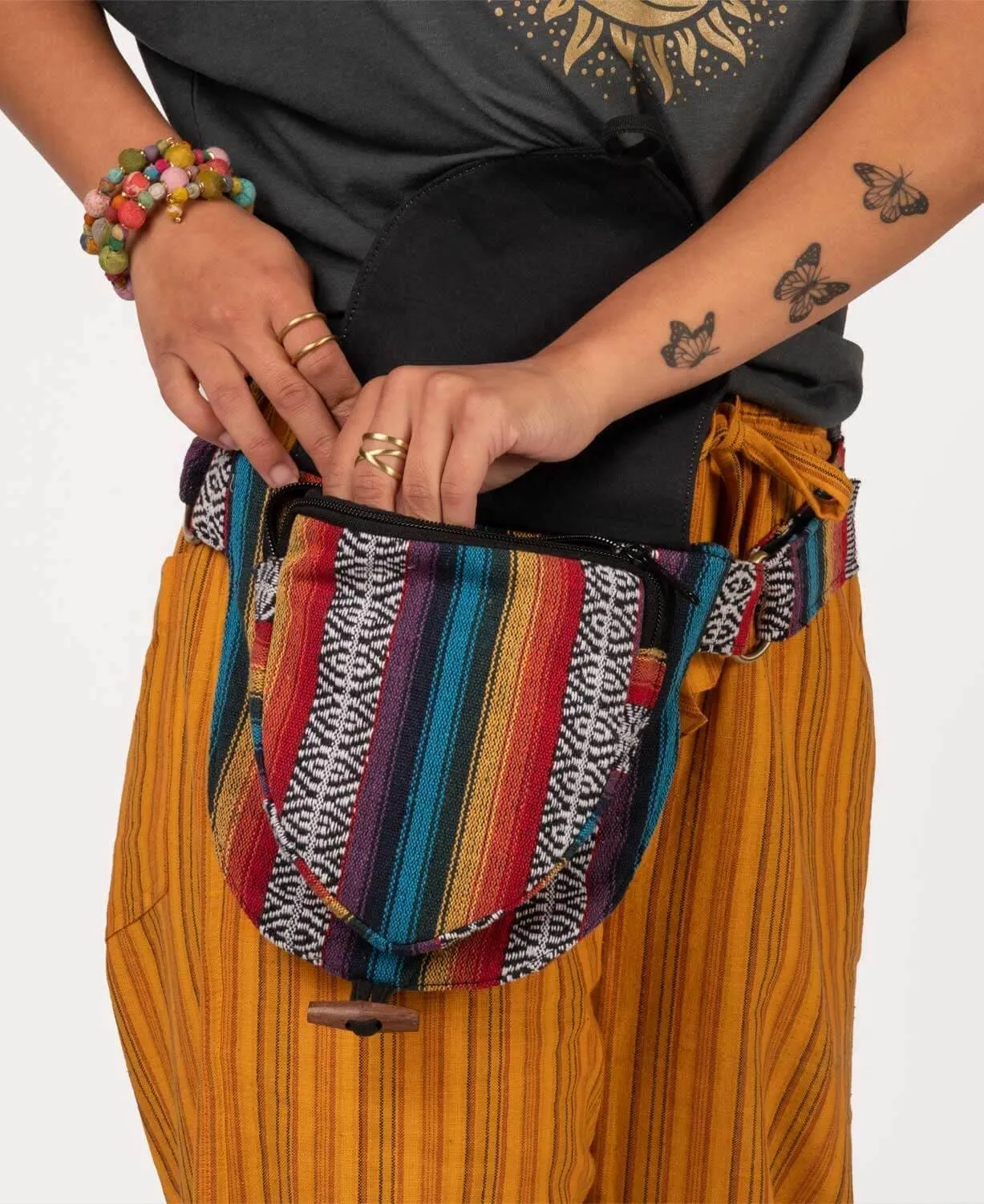 Soul Flower Three Little Mushrooms Canvas Hip Bag, Adjustable Waist Black and Rainbow Hippie Graphic Fanny Pack