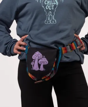 Soul Flower Three Little Mushrooms Canvas Hip Bag, Adjustable Waist Black and Rainbow Hippie Graphic Fanny Pack