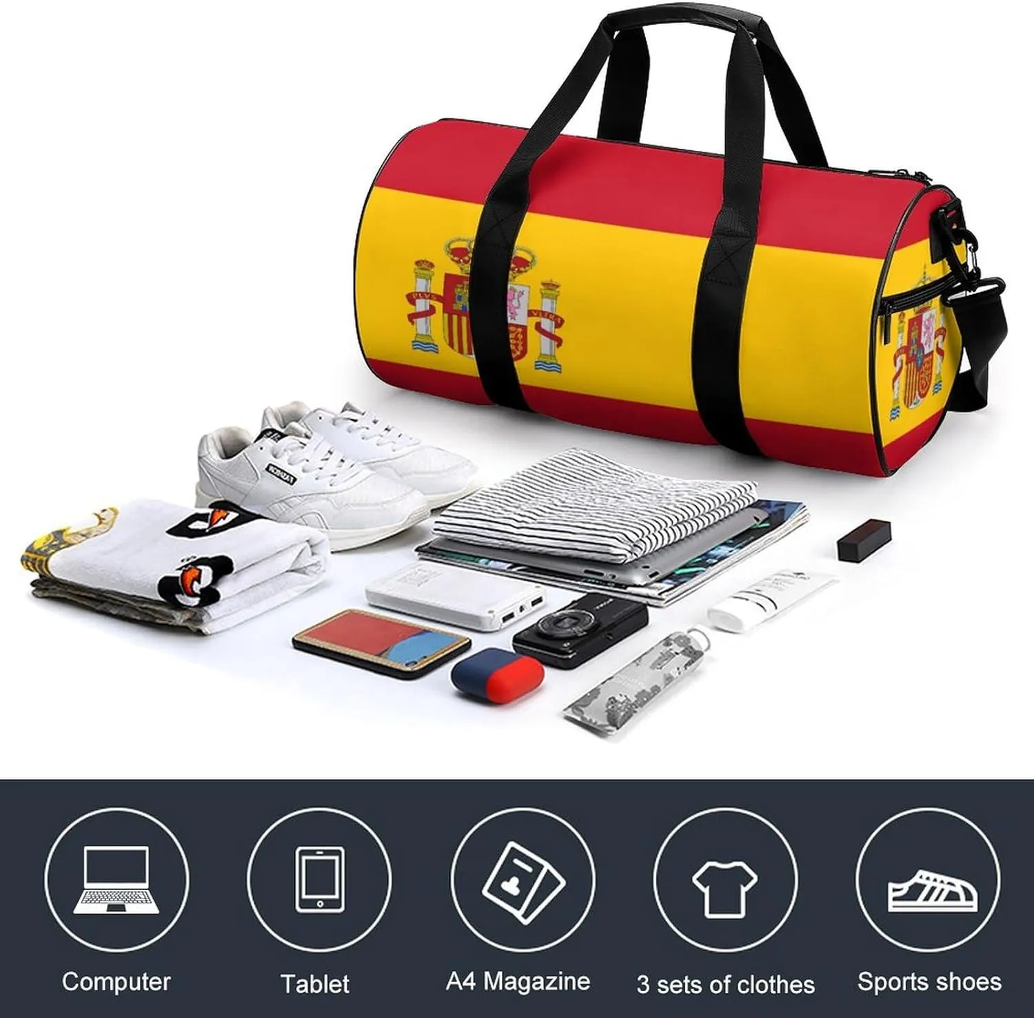 Spain Flag Waterproof Sports Duffel Bag with Dry Wet Separation for Gym Beach Travel
