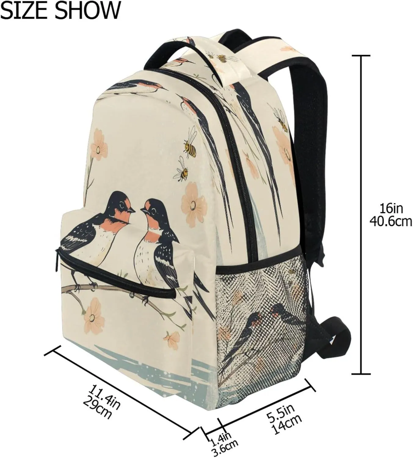 Sport Backpack for Teens Boys Girls Waterproof Stylish Travel Bags with Chest Strap for Business Work College Travel Trip Cartoon Barn Swallow Birds A River