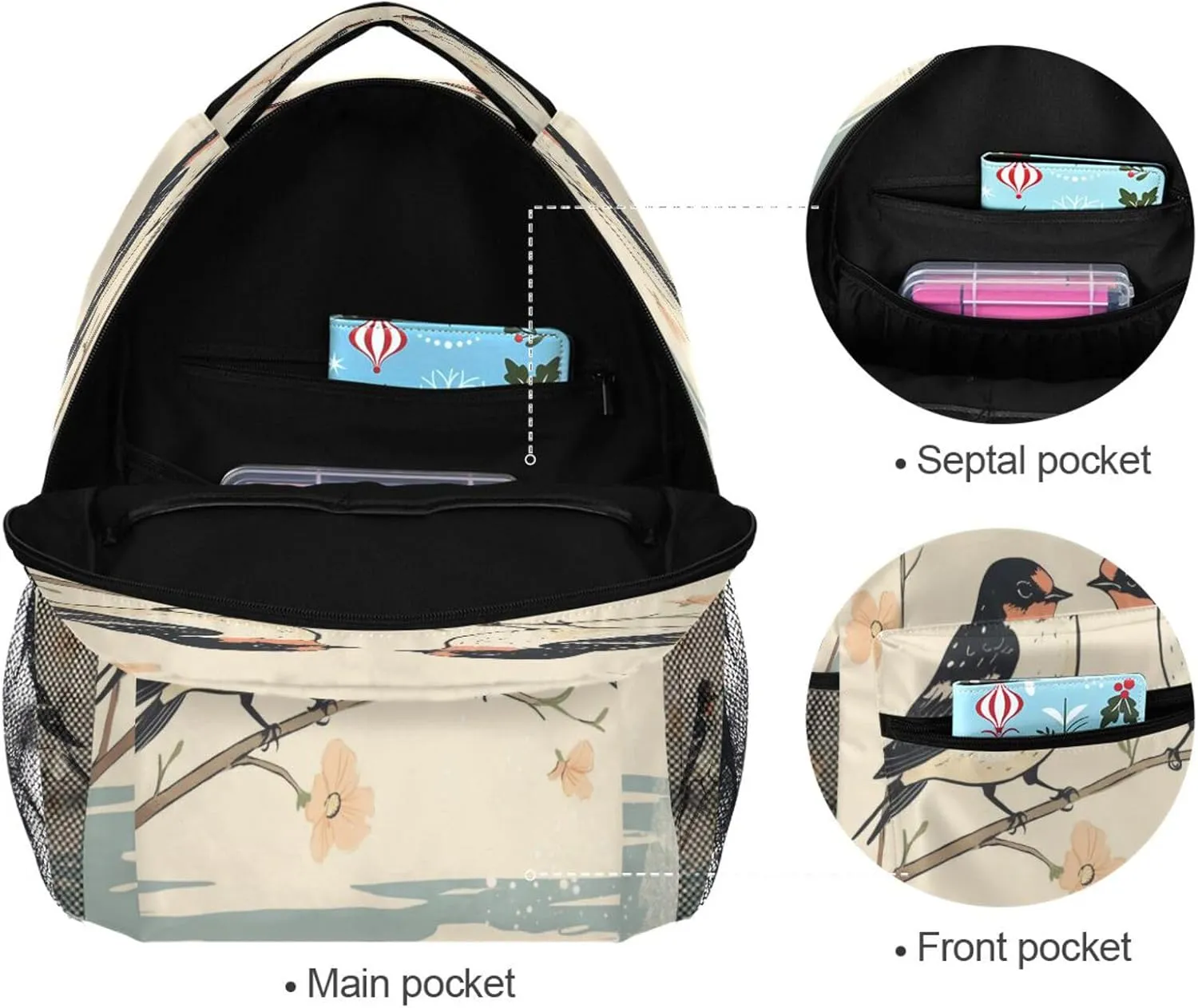 Sport Backpack for Teens Boys Girls Waterproof Stylish Travel Bags with Chest Strap for Business Work College Travel Trip Cartoon Barn Swallow Birds A River