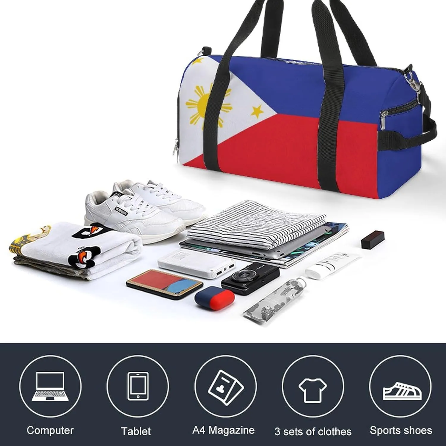 Sports Gym Bag Philippines Flag Duffel with Shoe Compartment Waterproof Travel Weekender