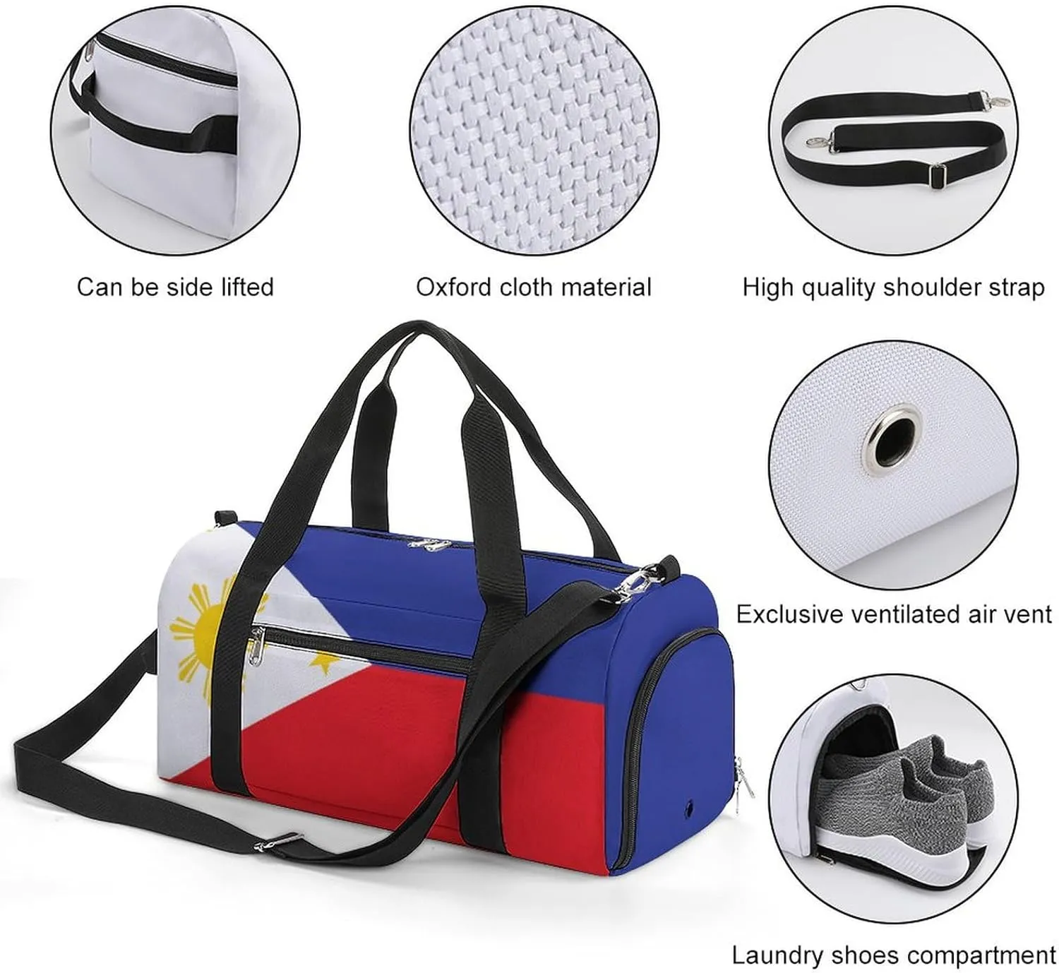 Sports Gym Bag Philippines Flag Duffel with Shoe Compartment Waterproof Travel Weekender