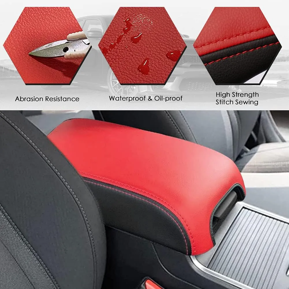 sportuli Center Console Cover Anti-Scratch Leather Armrest Cover Replace for 2011-2023 2024 Dodge Charger Chrysler 300 300C (Red Black)
