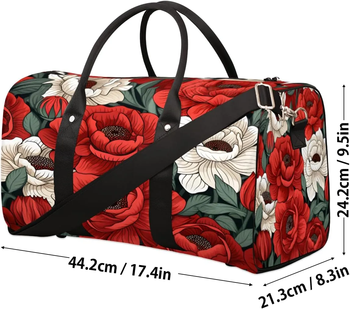 Spring Summer Travel Duffle Bag, Sports Gym Bags for Women Men, Carry On Weekender Overnight Bag, Red Floral Workout Hospital Airplane Trips Bag