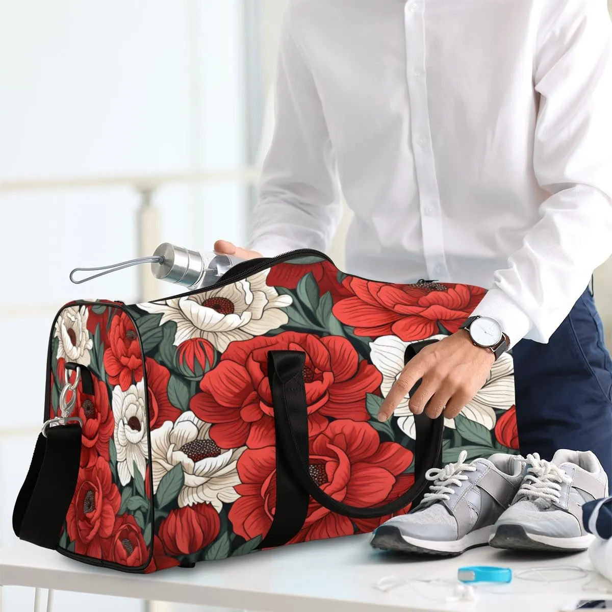 Spring Summer Travel Duffle Bag, Sports Gym Bags for Women Men, Carry On Weekender Overnight Bag, Red Floral Workout Hospital Airplane Trips Bag