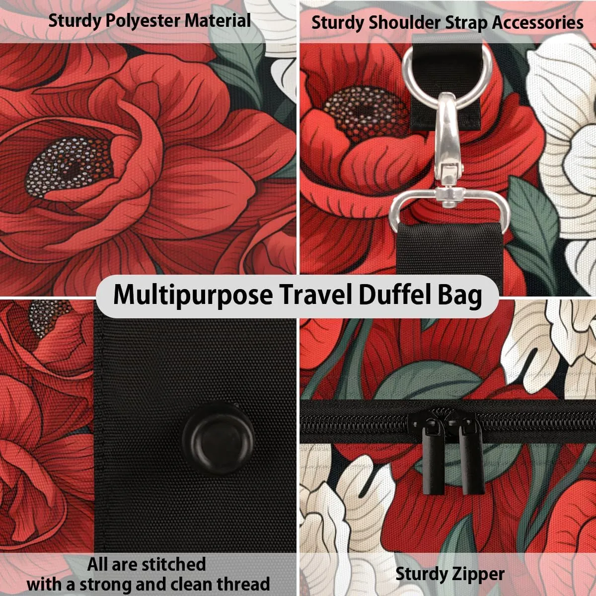 Spring Summer Travel Duffle Bag, Sports Gym Bags for Women Men, Carry On Weekender Overnight Bag, Red Floral Workout Hospital Airplane Trips Bag