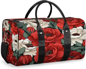 Spring Summer Travel Duffle Bag, Sports Gym Bags for Women Men, Carry On Weekender Overnight Bag, Red Floral Workout Hospital Airplane Trips Bag