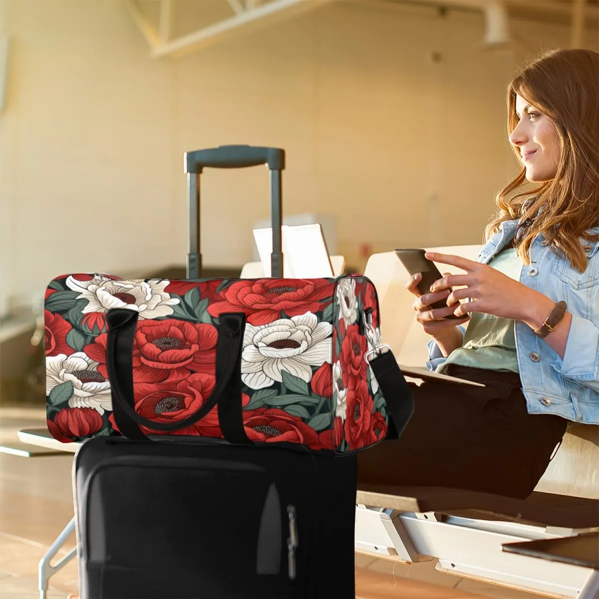 Spring Summer Travel Duffle Bag, Sports Gym Bags for Women Men, Carry On Weekender Overnight Bag, Red Floral Workout Hospital Airplane Trips Bag