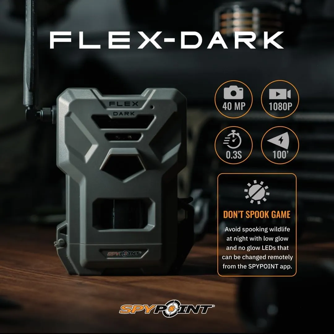 SPYPOINT Flex-Dark Starter Pack Cellular Trail Camera, 40MP Photos and 1080p Videos w/Sound, Double The Battery Capacity, GPS-Enabled, Dual-SIM LTE Connectivity, 100' Flash & Detection Range