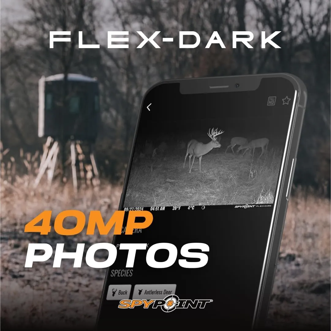 SPYPOINT Flex-Dark Starter Pack Cellular Trail Camera, 40MP Photos and 1080p Videos w/Sound, Double The Battery Capacity, GPS-Enabled, Dual-SIM LTE Connectivity, 100' Flash & Detection Range