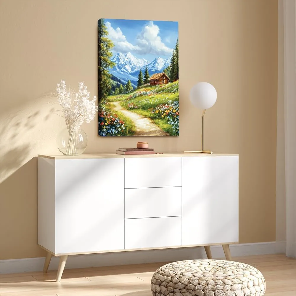 ssangugu Mountain Landscape Home Decor Painting - Rustic Cabin, Flower - lined Path, Snow - capped Peaks in Background, Ideal for Living Room and Bedroom Decoration-Unframe-US made-24x36inch(60x90cm)
