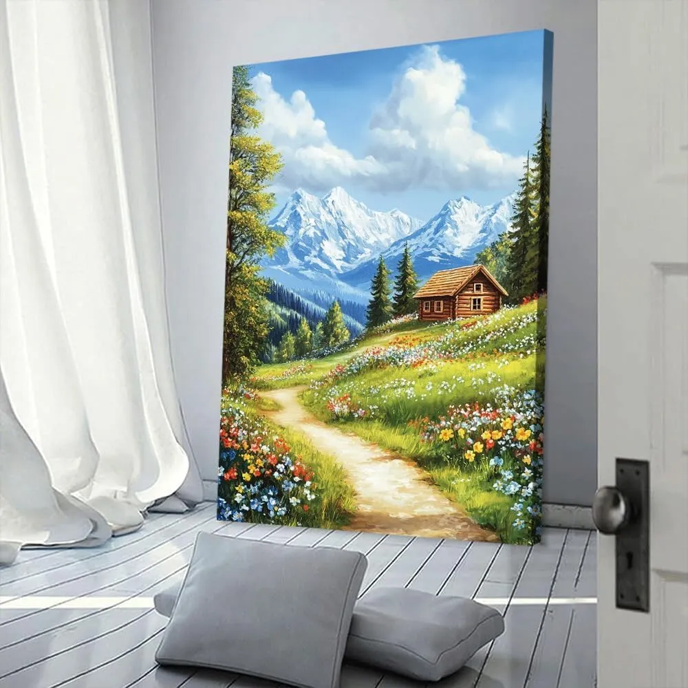 ssangugu Mountain Landscape Home Decor Painting - Rustic Cabin, Flower - lined Path, Snow - capped Peaks in Background, Ideal for Living Room and Bedroom Decoration-Unframe-US made-24x36inch(60x90cm)