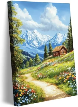 ssangugu Mountain Landscape Home Decor Painting - Rustic Cabin, Flower - lined Path, Snow - capped Peaks in Background, Ideal for Living Room and Bedroom Decoration-Unframe-US made-24x36inch(60x90cm)