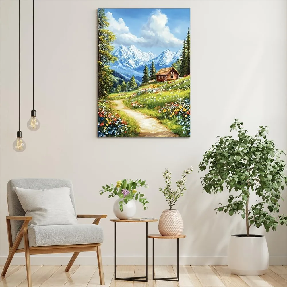 ssangugu Mountain Landscape Home Decor Painting - Rustic Cabin, Flower - lined Path, Snow - capped Peaks in Background, Ideal for Living Room and Bedroom Decoration-Unframe-US made-24x36inch(60x90cm)