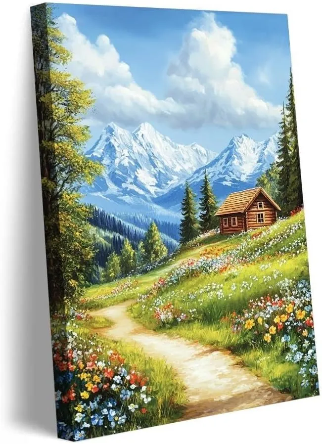 ssangugu Mountain Landscape Home Decor Painting - Rustic Cabin, Flower - lined Path, Snow - capped Peaks in Background, Ideal for Living Room and Bedroom Decoration-Unframe-US made-24x36inch(60x90cm)