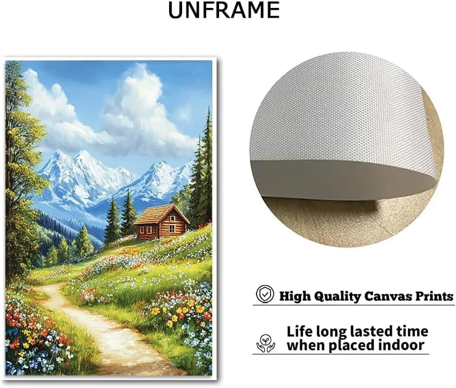 ssangugu Mountain Landscape Home Decor Painting - Rustic Cabin, Flower - lined Path, Snow - capped Peaks in Background, Ideal for Living Room and Bedroom Decoration-Unframe-US made-24x36inch(60x90cm)