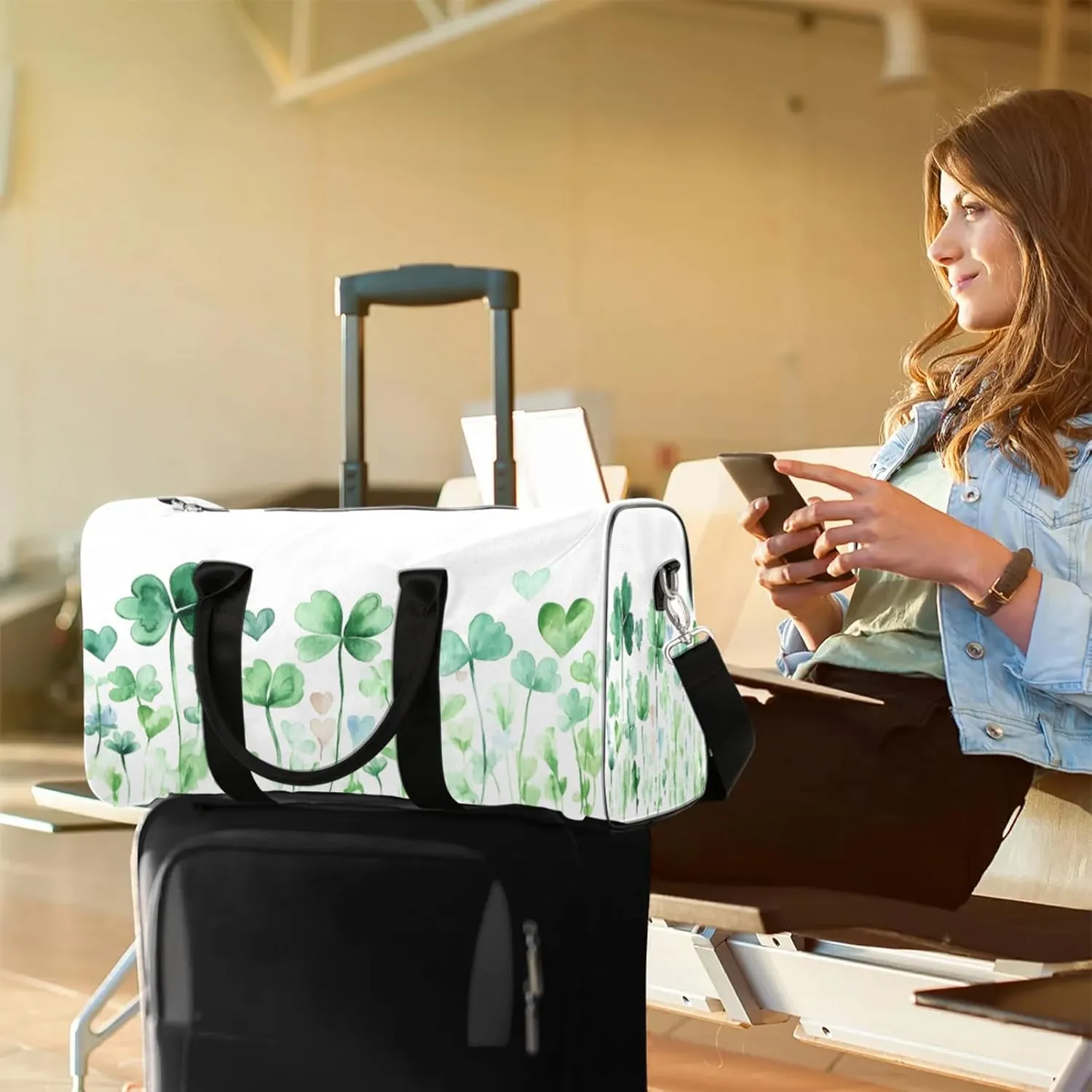 St. Patrick's Day Clover Shamrock Travel Duffle Bag, Sports Gym Bags for Women Men, Carry On Weekender Overnight Workout Airplane Trips Bag