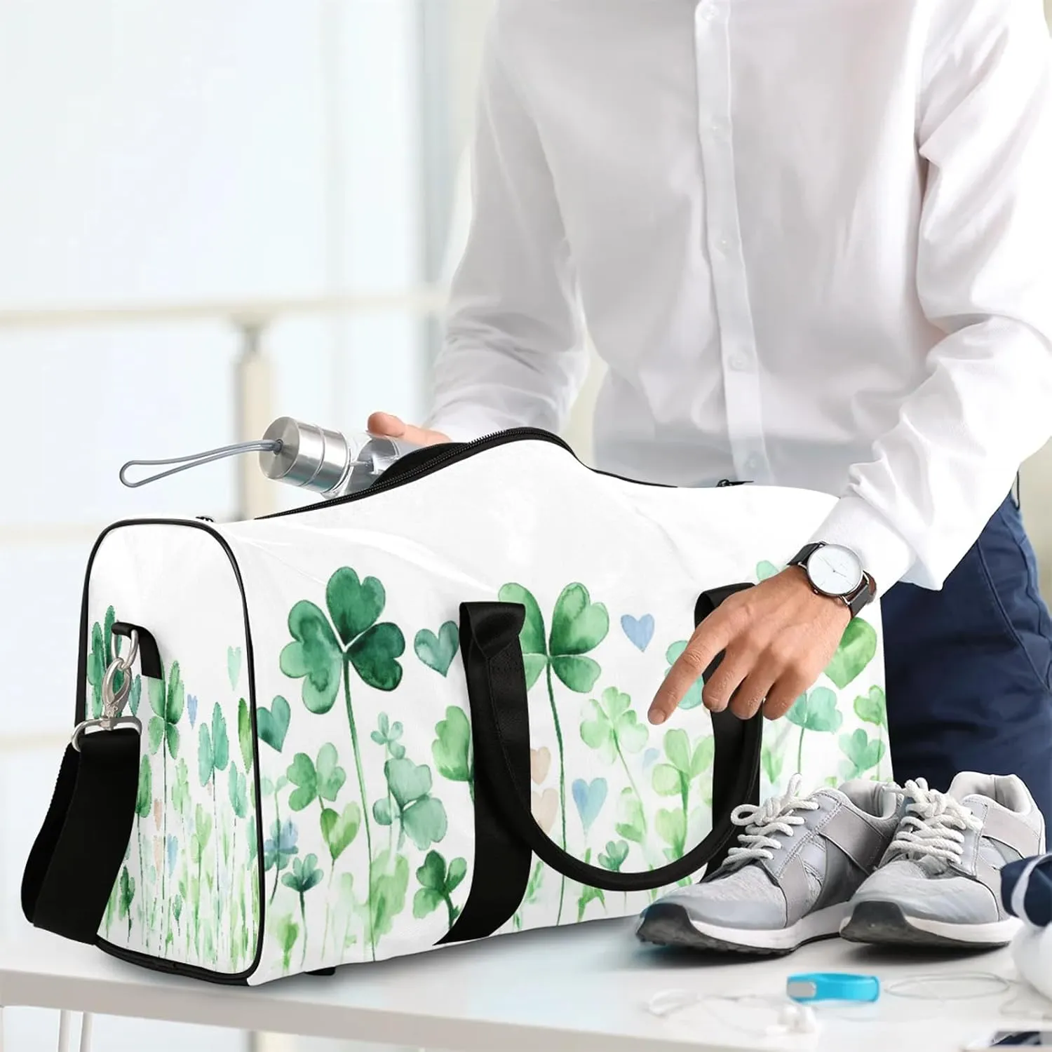 St. Patrick's Day Clover Shamrock Travel Duffle Bag, Sports Gym Bags for Women Men, Carry On Weekender Overnight Workout Airplane Trips Bag