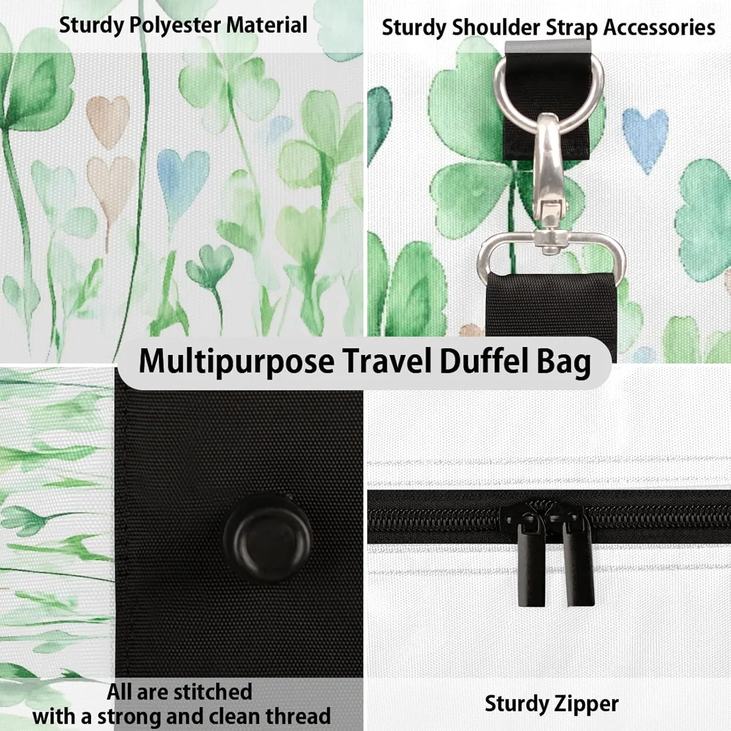 St. Patrick's Day Clover Shamrock Travel Duffle Bag, Sports Gym Bags for Women Men, Carry On Weekender Overnight Workout Airplane Trips Bag