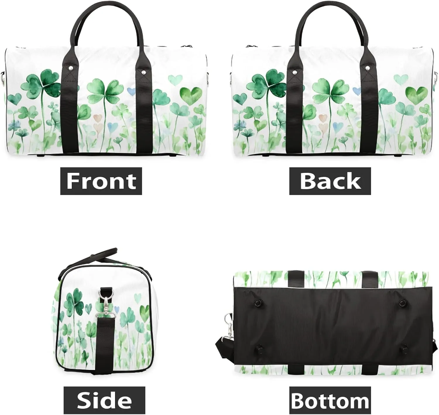 St. Patrick's Day Clover Shamrock Travel Duffle Bag, Sports Gym Bags for Women Men, Carry On Weekender Overnight Workout Airplane Trips Bag