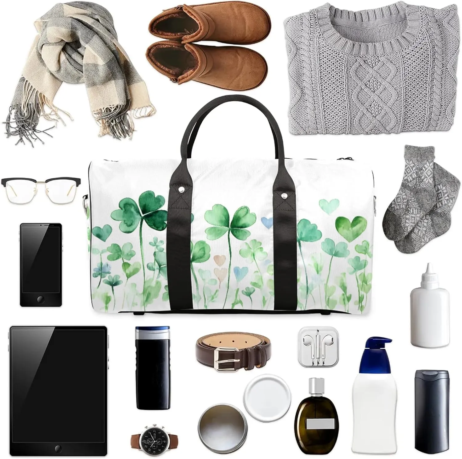 St. Patrick's Day Clover Shamrock Travel Duffle Bag, Sports Gym Bags for Women Men, Carry On Weekender Overnight Workout Airplane Trips Bag