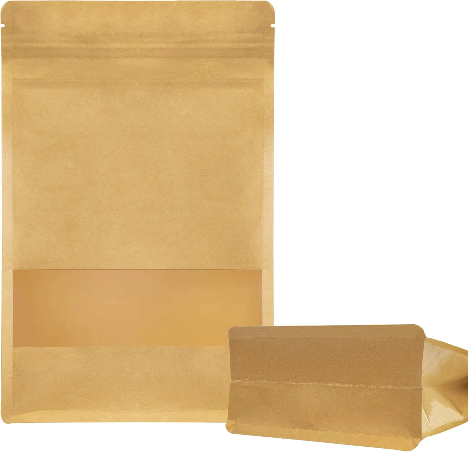 Stand Up Kraft Pouch Bags,Reusable Zip Lock Sealing & Notch Matte Transparent Window Bags, Resealable Zip Lock Food Storage Bag, 8.6 x 4.7   2.36 Inches, Pack of 50