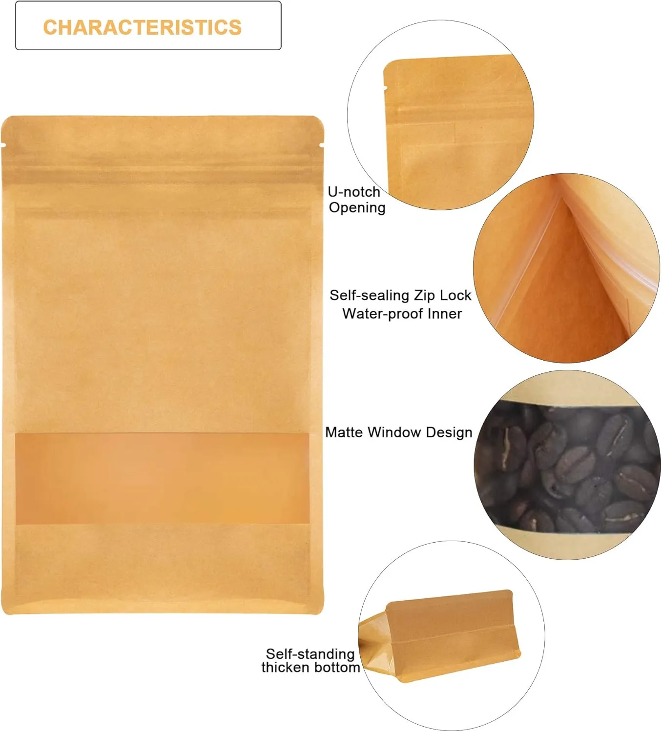 Stand Up Kraft Pouch Bags,Reusable Zip Lock Sealing & Notch Matte Transparent Window Bags, Resealable Zip Lock Food Storage Bag, 8.6 x 4.7   2.36 Inches, Pack of 50