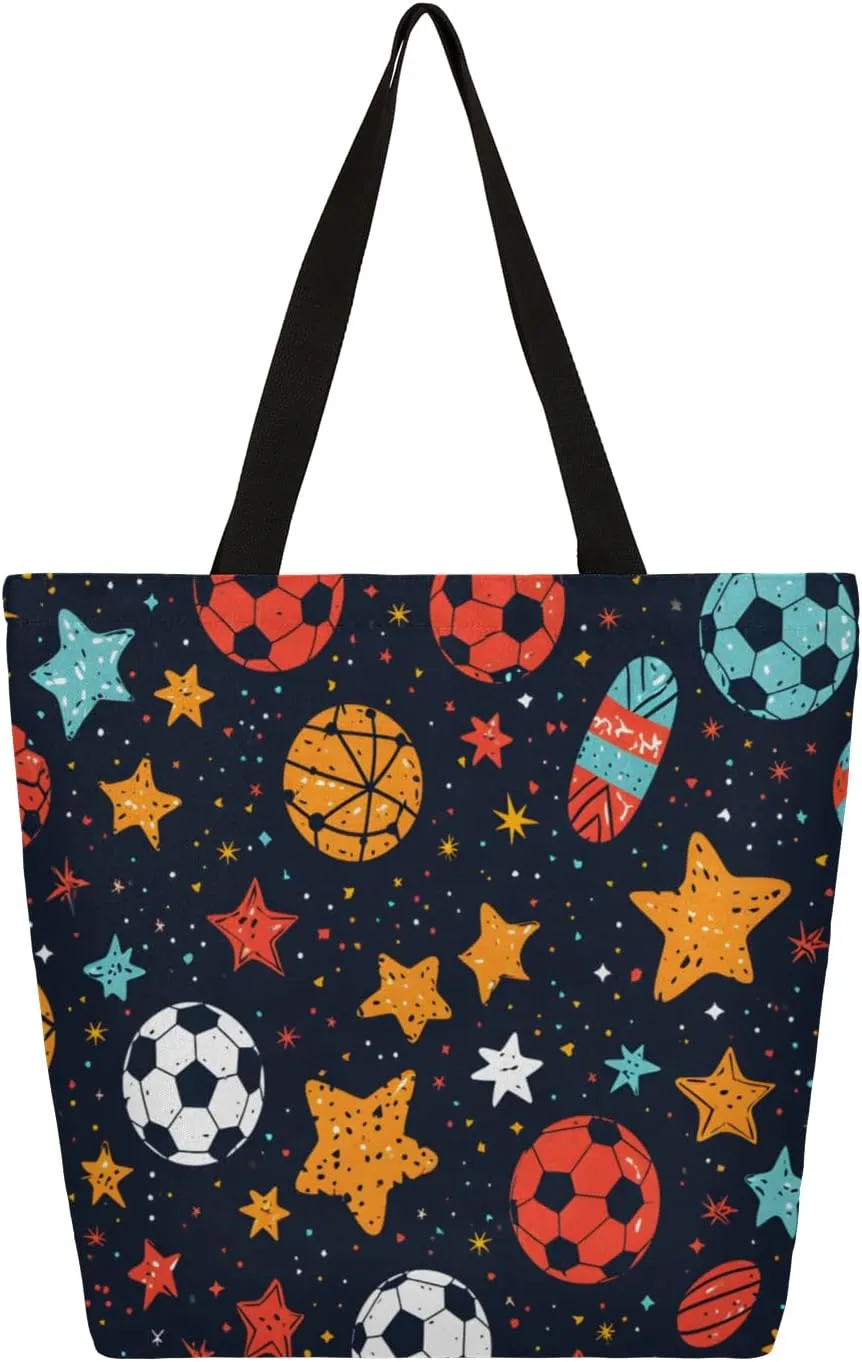 Star Cartoon Football Rugby Large Capacity Canvas Tote Bag Stylish Handheld Shoulder Bag Reusable Shopping Bag for Work Travel Beach Trips Shopping