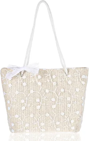 Straw Bag for Women, Summer Beach Vacation Printed Lace Woven Handbag with Magnetic Buckle Tote Shoulder Bag