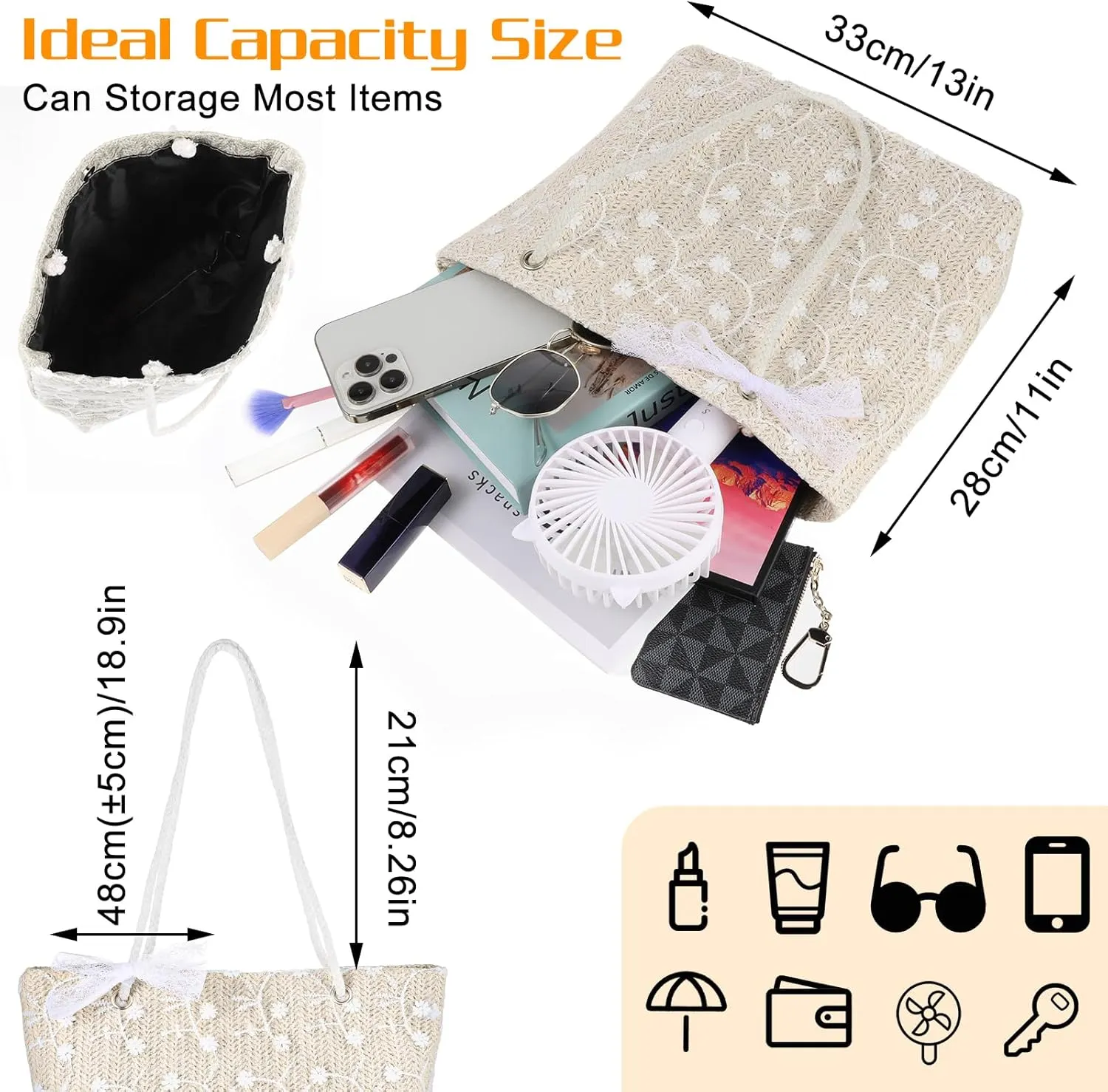 Straw Bag for Women, Summer Beach Vacation Printed Lace Woven Handbag with Magnetic Buckle Tote Shoulder Bag
