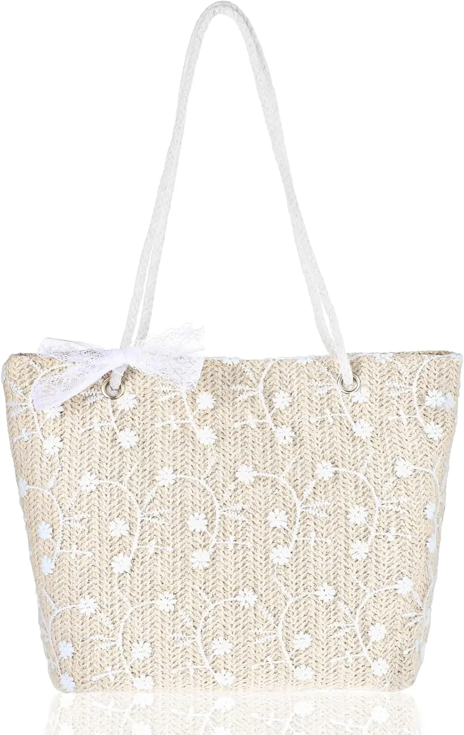 Straw Bag for Women, Summer Beach Vacation Printed Lace Woven Handbag with Magnetic Buckle Tote Shoulder Bag