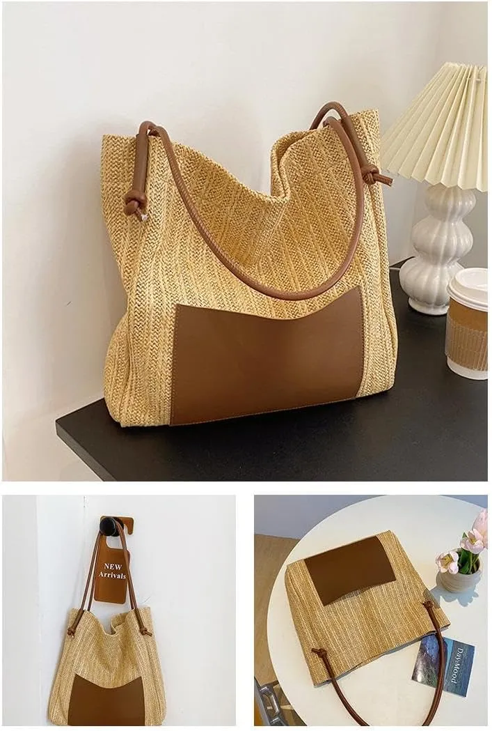 Straw Bag for Women Summer Shoulder Bag Beach Tote Straw Purse Vacation Purse for Travel Swim Shopping (White-2)