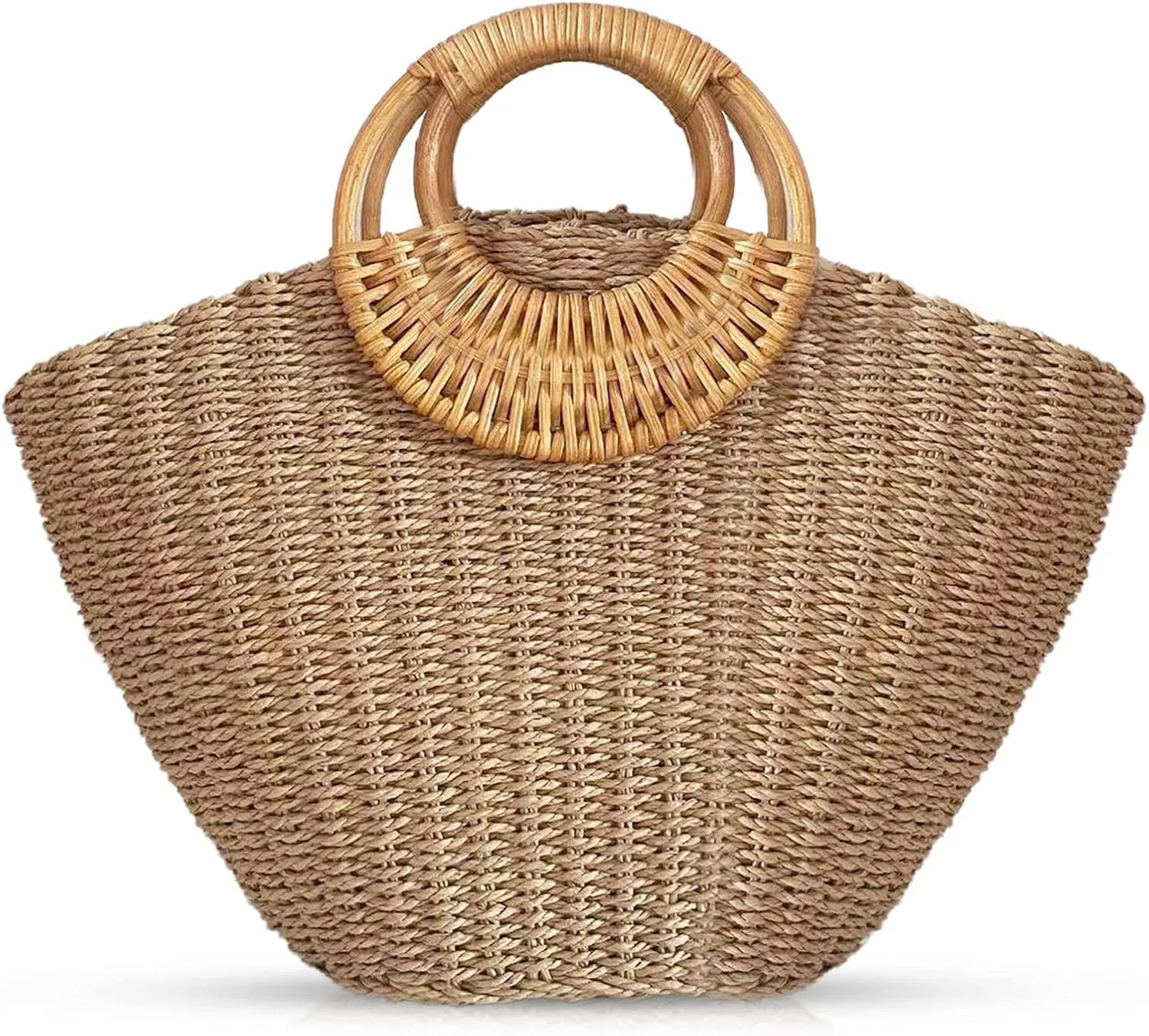 Straw Bag, Summer Beach Bag for Women, Hand-Woven Handbag, Creative Bamboo Handle, Large Woven Bag for Vacation Travel Daily(Khaki)