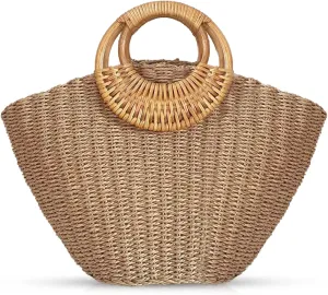 Straw Bag, Summer Beach Bag for Women, Hand-Woven Handbag, Creative Bamboo Handle, Large Woven Bag for Vacation Travel Daily(Khaki)