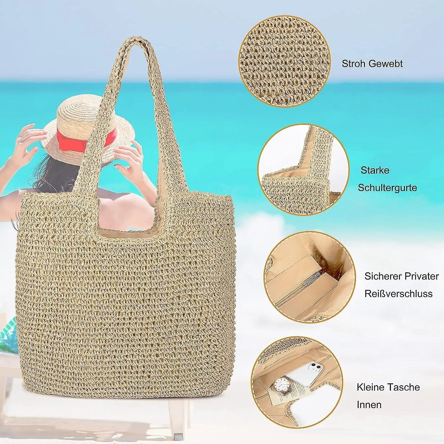 Straw Beach Bag Women Shoulder Bag Handmade Straw Bag Ladies Woven Bag Foldable