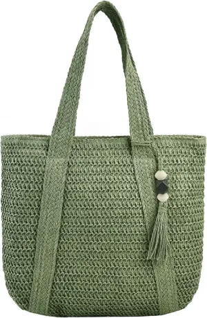 Straw Beach Bags for Women Summer Woven Tote Bag with Zipper Shoulder Handbag Boho Straw Purse Large Beach Bag