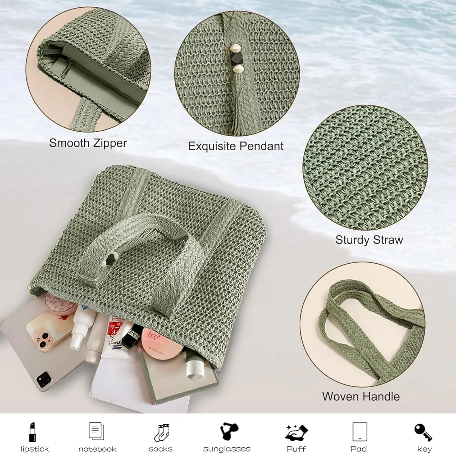 Straw Beach Bags for Women Summer Woven Tote Bag with Zipper Shoulder Handbag Boho Straw Purse Large Beach Bag