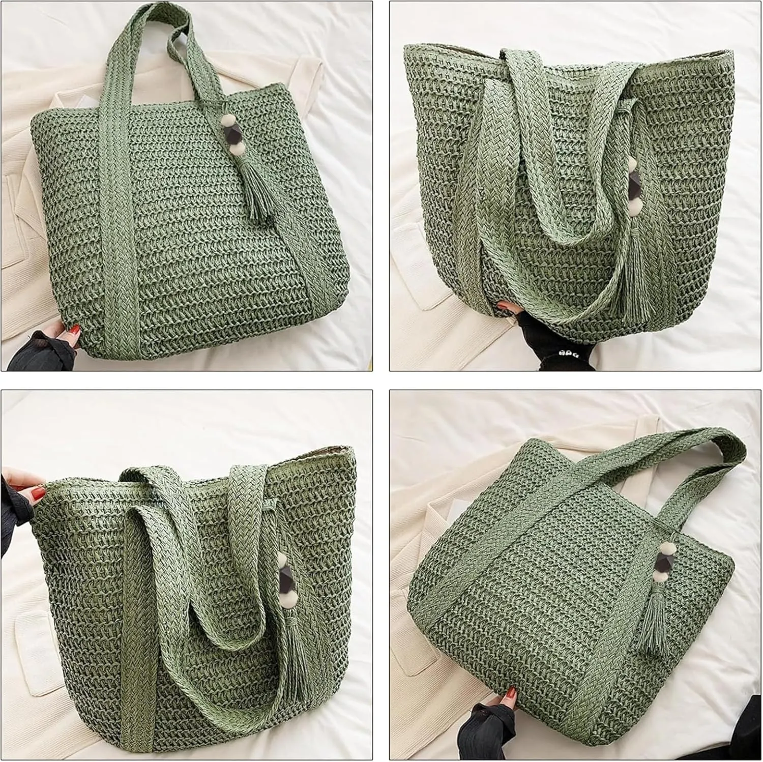 Straw Beach Bags for Women Summer Woven Tote Bag with Zipper Shoulder Handbag Boho Straw Purse Large Beach Bag
