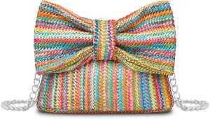 Straw Clutch Purse with Big Bow Handle Bag Summer Straw Handbag Beach Tote Woven Evening Bag for Parties, Wedding,Travel