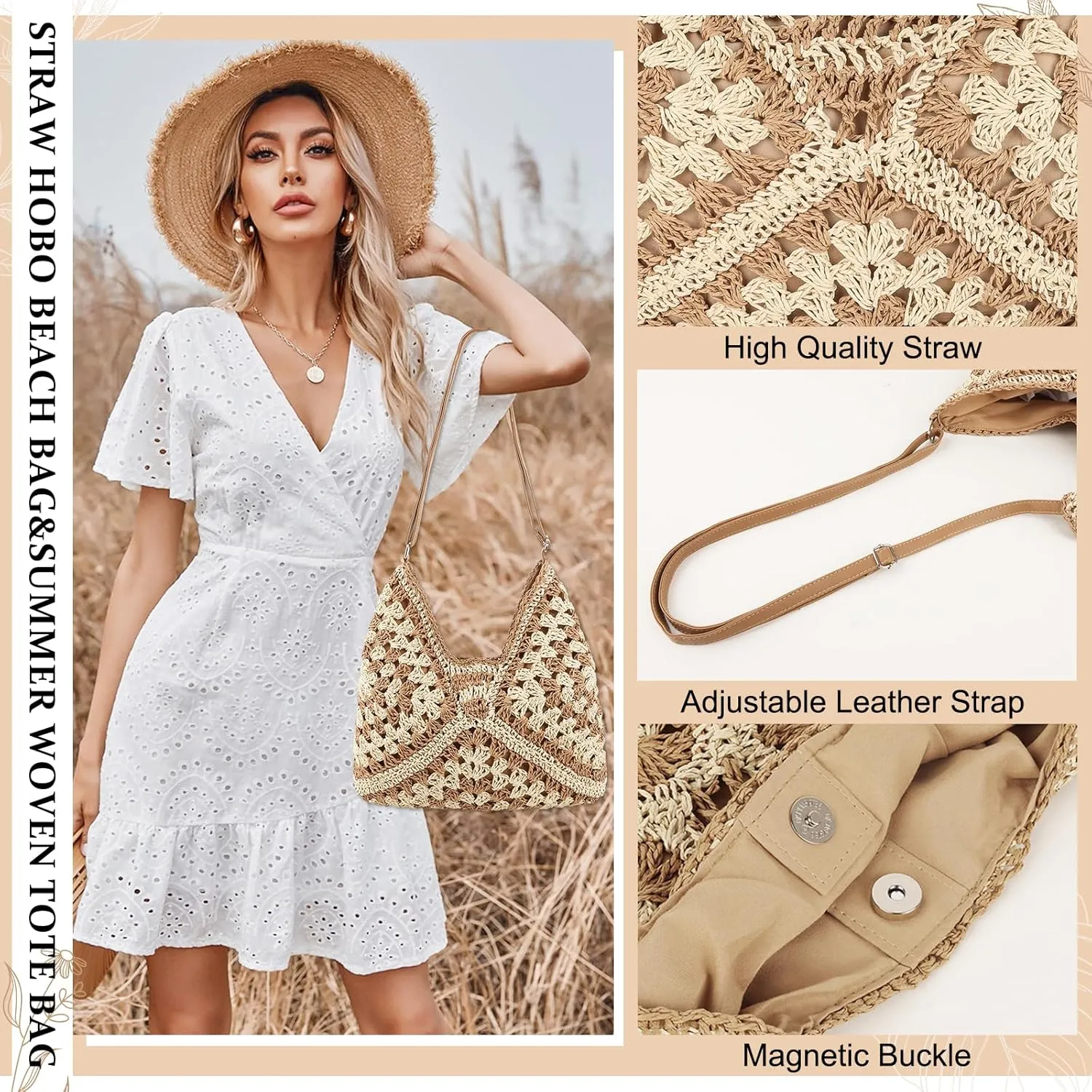 Straw Hobo Beach Bag for Women, Woven Tote Bag Summer Crochet Shoulder Bag,Vintage Foldable Handbag for Travel