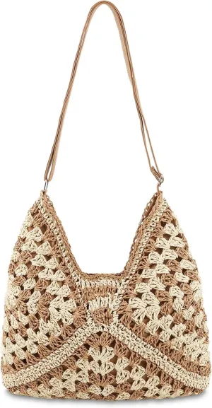 Straw Hobo Beach Bag for Women, Woven Tote Bag Summer Crochet Shoulder Bag,Vintage Foldable Handbag for Travel